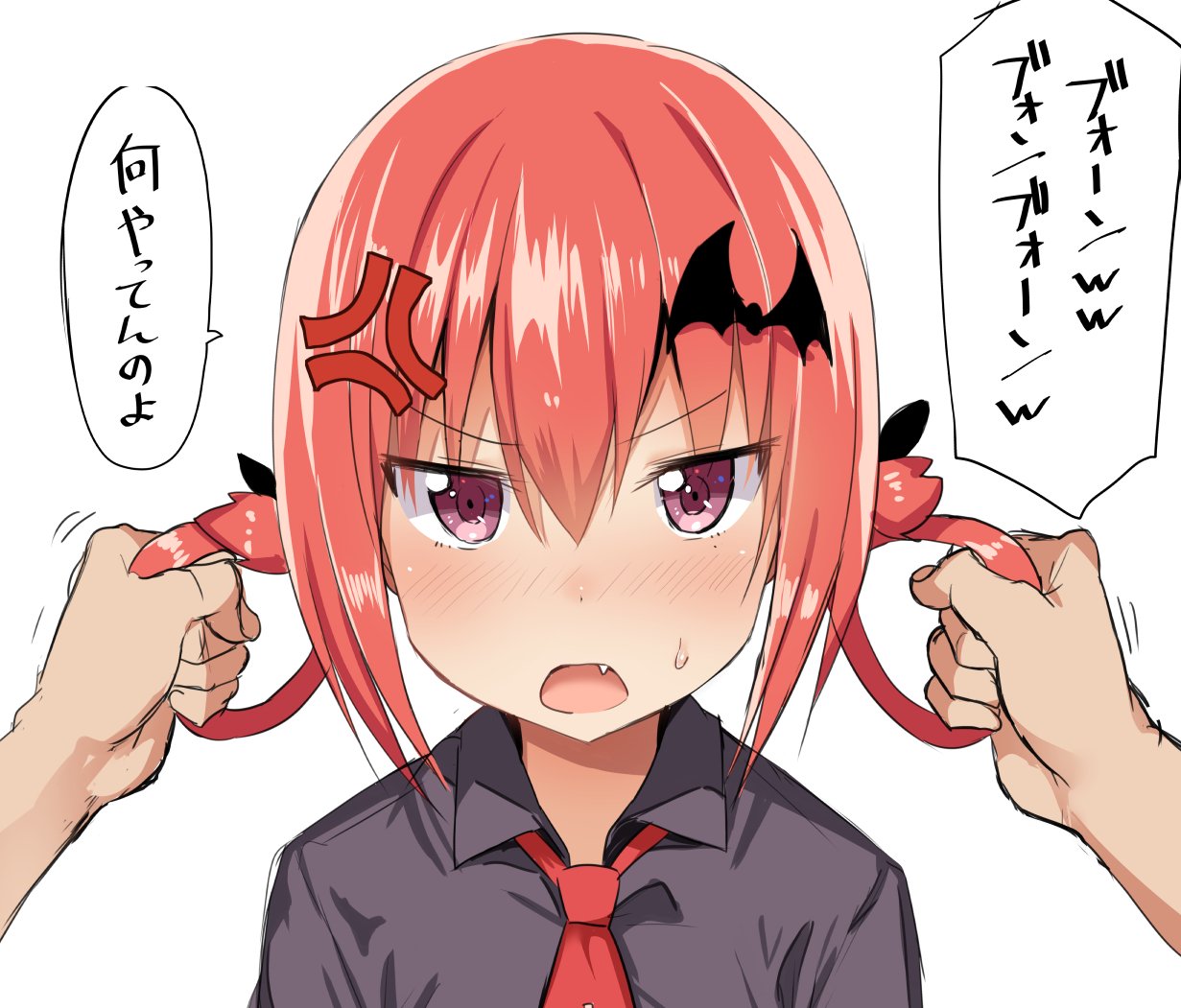 1boy 1girl :o anger_vein annoyed bat_hair_ornament black_shirt blush commentary fang gabriel_dropout grabbing_another's_hair greatmosu hair_ornament hair_rings holding looking_at_viewer neck_tie nose_blush open_mouth out_of_frame pov pov_hands purple_eyes red_hair red_necktie satanichia_kurumizawa_mcdowell sfw shirt solo_focus speech_bubble sweat translated upper_body v-shaped_eyebrows