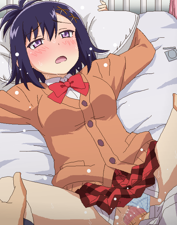 1boy 1girl bed_sheet blue_panties blush bow bowtie cardigan censored clothed_sex clothing_aside commission condom condom_on_penis condom_wrapper gabriel_dropout hair_ornament hetero jaggy_lines long_sleeves lying mosaic_censoring on_back open_mouth panties panties_aside penis pillow pink_eyes pixiv_commission plaid plaid_skirt purple_hair red_bow red_bowtie red_skirt school_uniform sex short_hair skirt solo_focus spread_legs sweat tomu_(tomubobu) underwear vaginal vignette_tsukinose_april x_hair_ornament