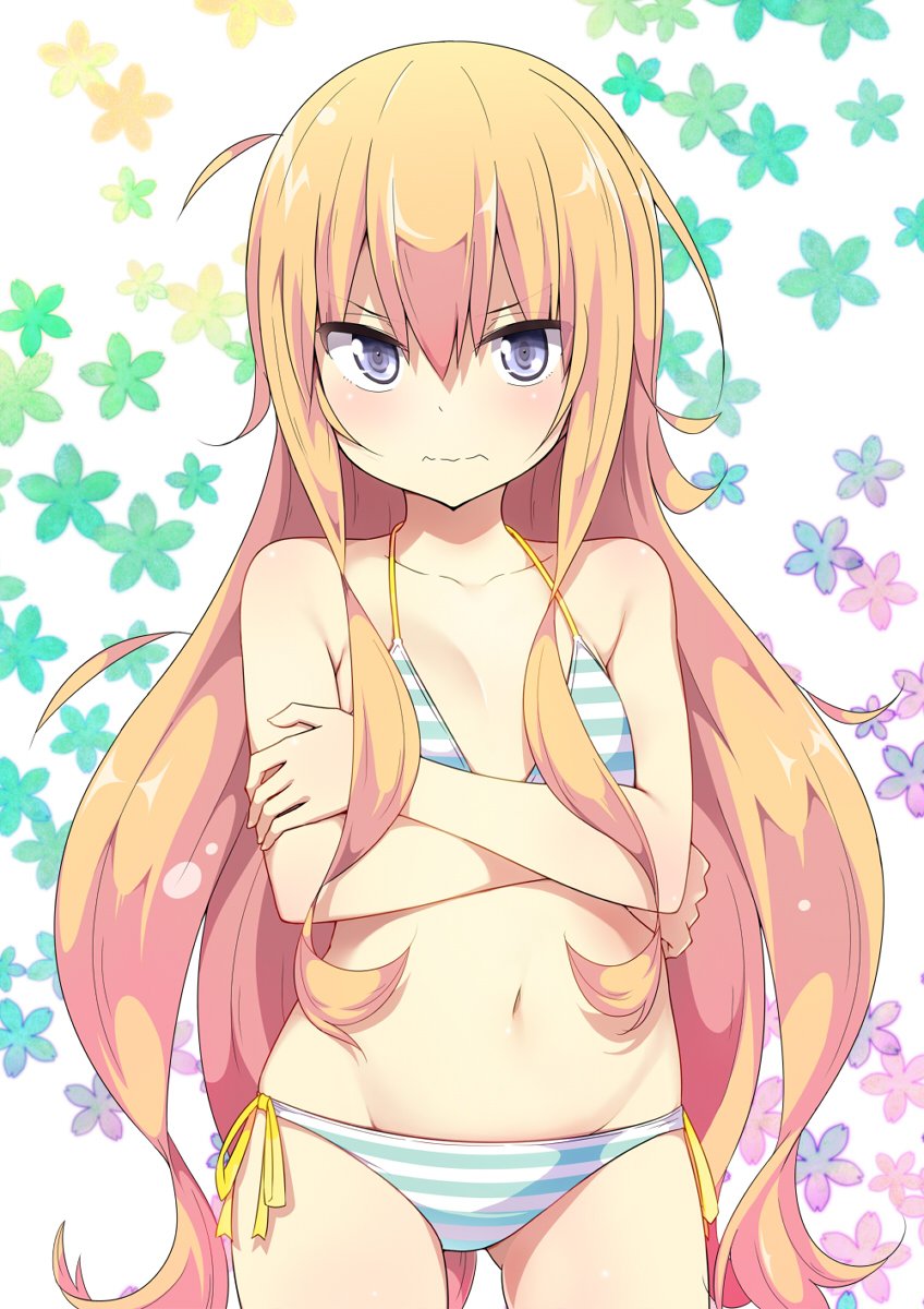1girl 1girl bikini blonde_hair blush breasts closed_mouth collarbone commentary_request crossed_arms floral_background gabriel_dropout gabriel_tenma_white hair_between_eyes high_res long_hair looking_at_viewer navel official_art purple_eyes side-tie_bikini_bottom small_breasts striped striped_bikini swimsuit ukami very_long_hair wavy_mouth white_background