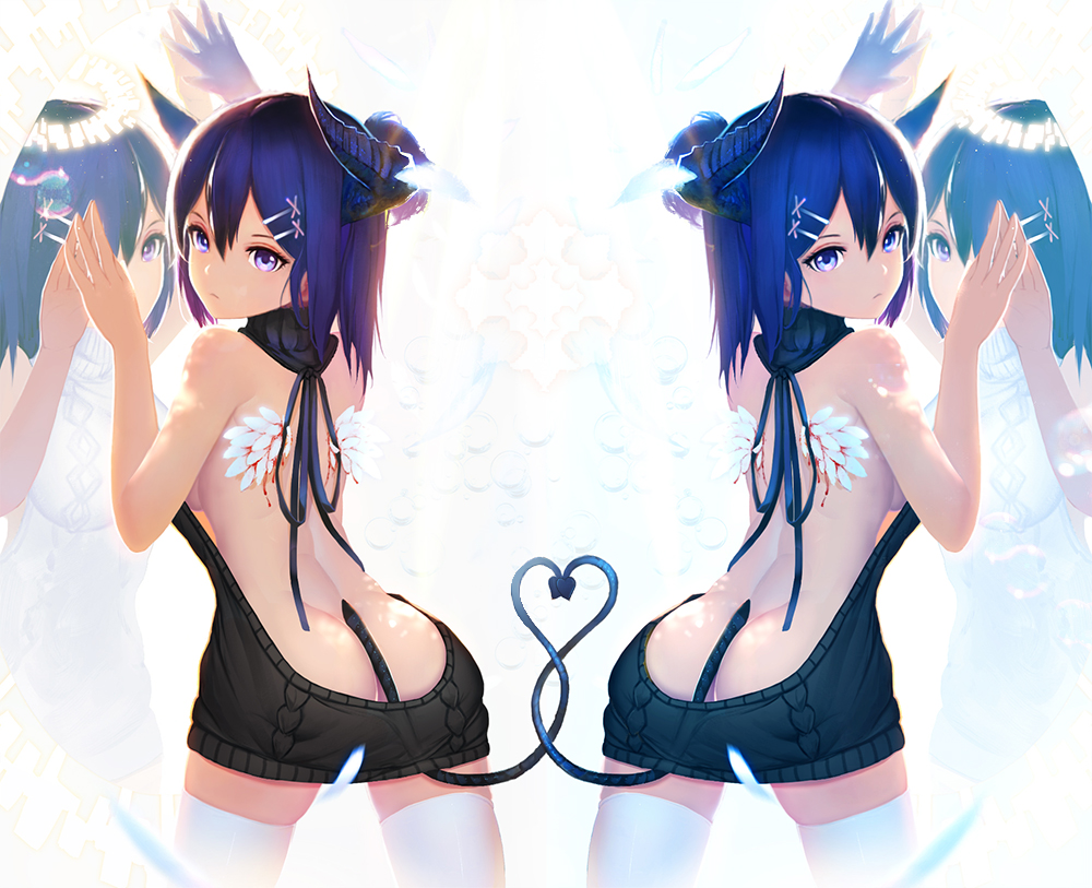 1girl angel angel_and_devil angel_wings aran_sweater arm_up ass backless_dress backless_outfit bare_arms bare_back bare_shoulders black_sweater black_vs_white blood blue_eyes blue_hair blush breasts cable_knit chinese_commentary closed_mouth commentary_request cowboy_shot demon_girl demon_horns demon_tail different_reflection dress dripping eyelashes feathered_wings feathers from_behind frown gabriel_dropout hair_between_eyes hair_ornament hairclip halo hand_up heart heart_tail_duo horns injury intertwined_tails looking_at_viewer looking_back medium_breasts meme_attire motion_blur multiple_views naked_sweater nooko one_eye_covered photoshop_(medium) purple_eyes purple_hair reflection short_hair sideboob stockings sweater sweater_dress symmetrical_pose symmetry tail turtleneck turtleneck_sweater vignette_tsukinose_april virgin_killer_sweater white_sweater white_thighhighs wings x_hair_ornament