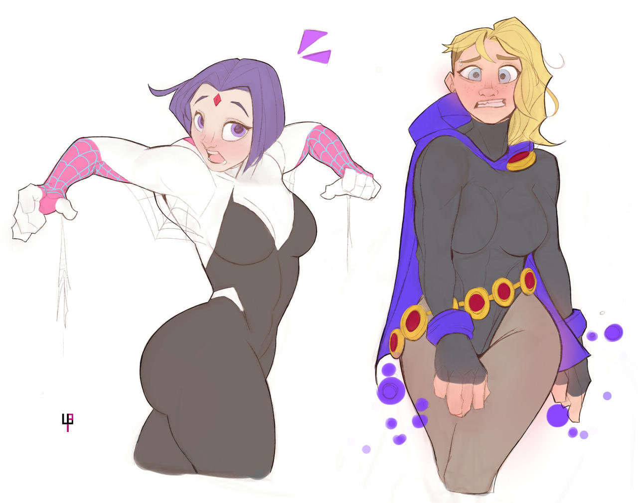 2girls artist_request belt big_breasts breasts cloak cosplay costume_swap costume_switch crossover crossover_cosplay curvy dc_comics gwen_stacy leotard looking_at_viewer marvel older older_female pantyhose rachel_roth raven_(cosplay) raven_(dc) slim sony_pictures_animation spider-gwen spider-gwen_(cosplay) spider-man:_into_the_spider-verse spider-man_(series) teen_titans wide_hips young_adult young_adult_female young_adult_woman