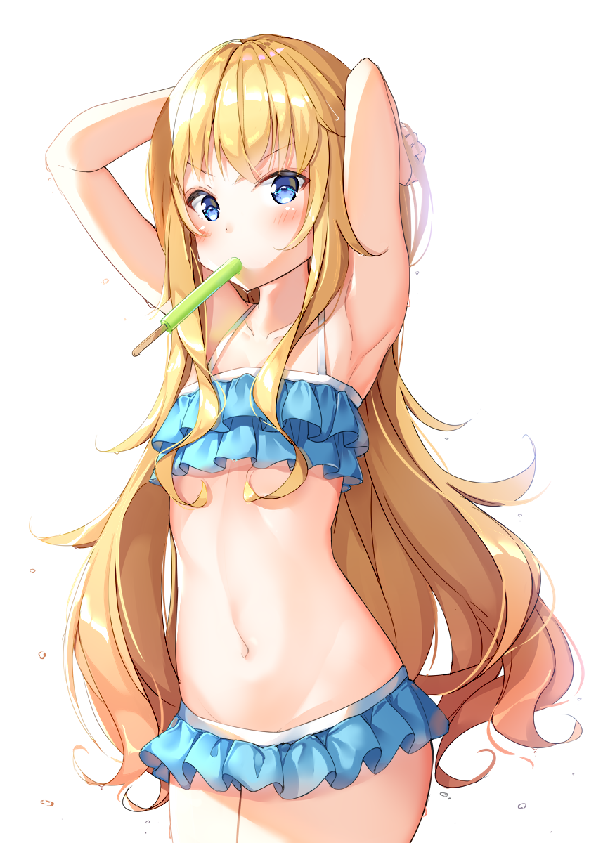 1girl 1girl armpits arms_up bikini blonde_hair blue_bikini blue_eyes blush collarbone commentary cowboy_shot food frilled_bikini frills gabriel_dropout gabriel_tenma_white hands_in_hair high_res ice_cream long_hair looking_at_viewer messy_hair mouth_hold navel popsicle shiero. simple_background small_breasts standing swimsuit very_long_hair white_background