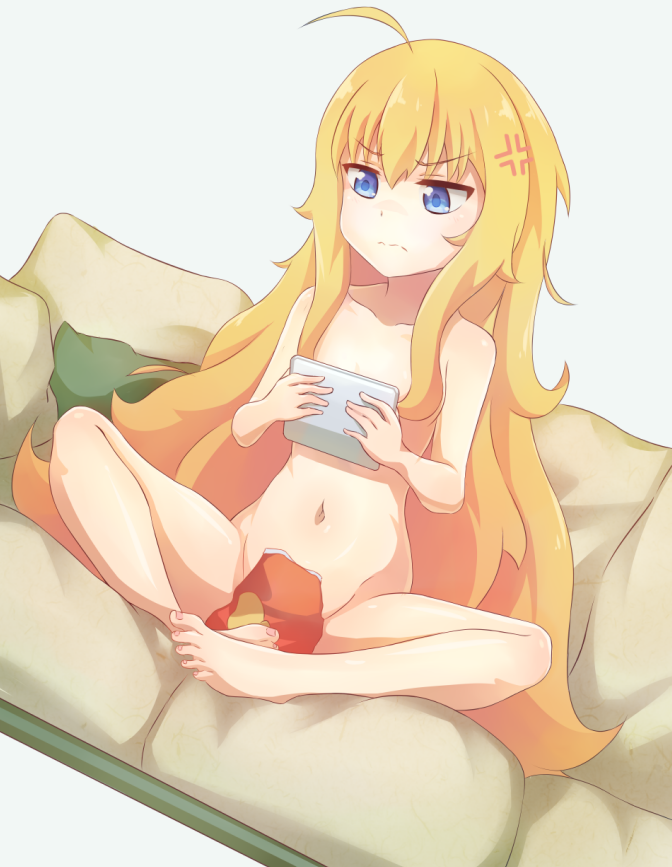 1girl 1girl ahoge anger_vein bad_id bad_pixiv_id bag_of_chips barefoot blonde_hair blue_eyes chinese_commentary closed_mouth collarbone commentary_request convenient_censoring couch daxieshen_huashi dutch_angle feet gabriel_dropout gabriel_tenma_white grey_background groin hair_between_eyes holding long_hair navel nude on_couch pillow simple_background sitting toes very_long_hair wavy_mouth