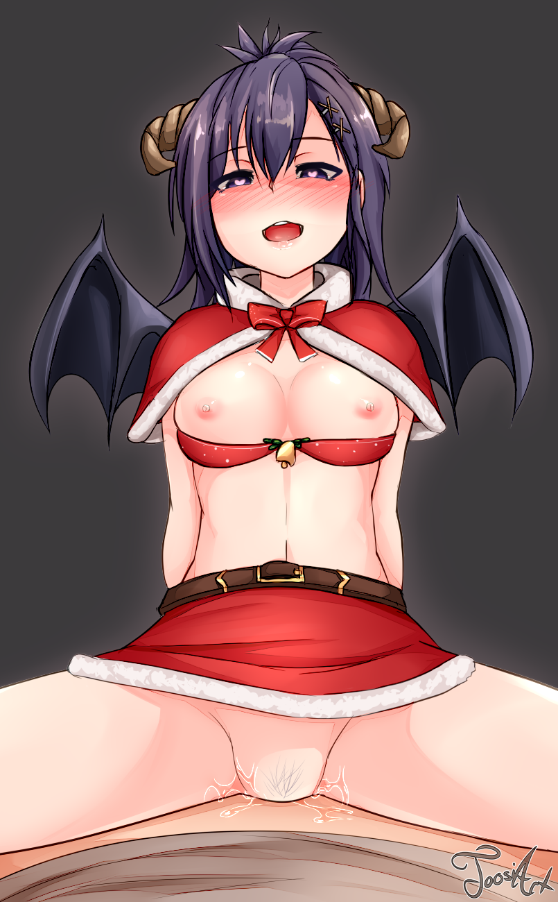 1boy 1girl artist_name asymmetrical_bangs belt blush bow bra bra_pull breasts capelet christmas clothes_pull cowgirl_position demon_girl demon_horns demon_wings female_pubic_hair gabriel_dropout girl_on_top hair_ornament hairclip heart heart-shaped_pupils hetero high_res horns joosi looking_at_viewer medium_breasts miniskirt nipples nose_blush open_mouth pov pubic_hair purple_eyes purple_hair pussy_juice red_bow red_bra red_capelet red_skirt sex short_hair skirt solo_focus spread_legs straddling symbol-shaped_pupils underwear vaginal vignette_tsukinose_april wings x_hair_ornament