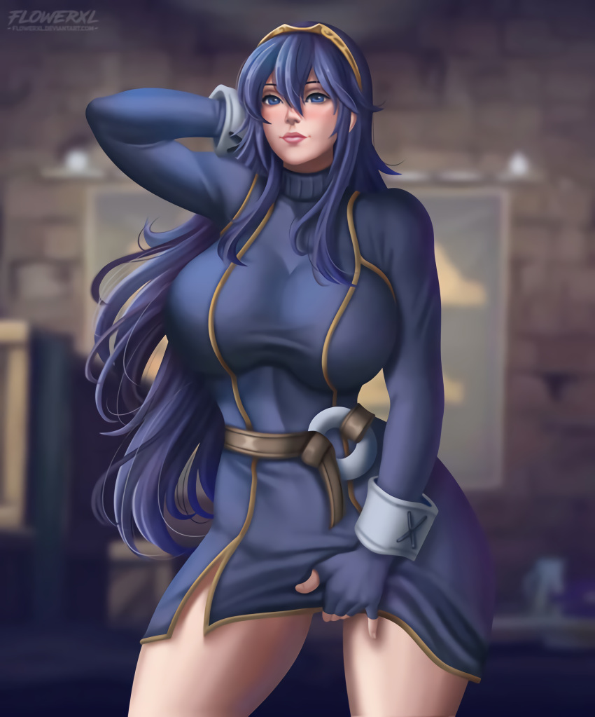 1girl alternate_breast_size bare_thighs big_breasts blue_dress blue_eyes blue_hair clothing curvy female_only fingerless_gloves fire_emblem fire_emblem_awakening flowerxl gloves hand_on_pussy hands_behind_head high_res hips huge_breasts long_hair looking_at_viewer lucina_(fire_emblem) nintendo pink_mouth smile teasing thick_thighs thighs tiara very_long_hair voluptuous