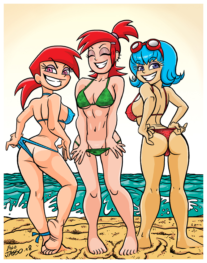 ass beach bikini bikini_pull blue_hair bra breasts butt_crack cleavage closed_eyes crossover earring el_tigre female_only flashing foster's_home_for_imaginary_friends frankie_foster frida_suarez grey_delisle navel panty_pull pink_eyes polo-jasso ponytail purple_eyes red_hair redhead smile tan tan_line the_fairly_oddparents toes vicky_(fop)