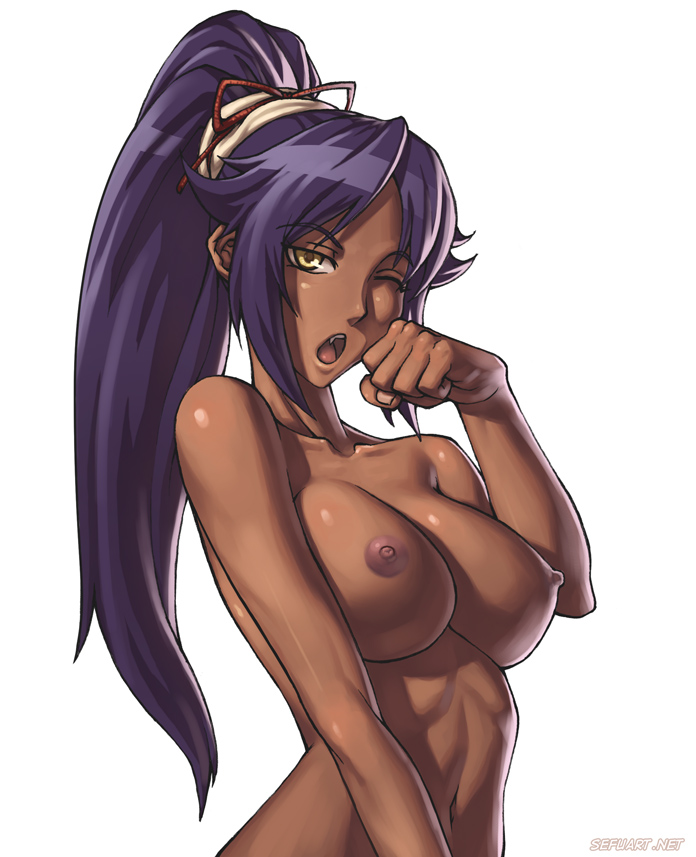 1girl abs bare_shoulders bleach breasts bust clenched_hand collarbone curvy dark_skin fang fist large_breasts long_hair looking_at_viewer navel nipples nude one_eye_closed open_mouth ponytail purple_hair sefuart shihouin_yoruichi simple_background solo speh toned topless upper_body white_background wink yawn yawning yellow_eyes yoruichi