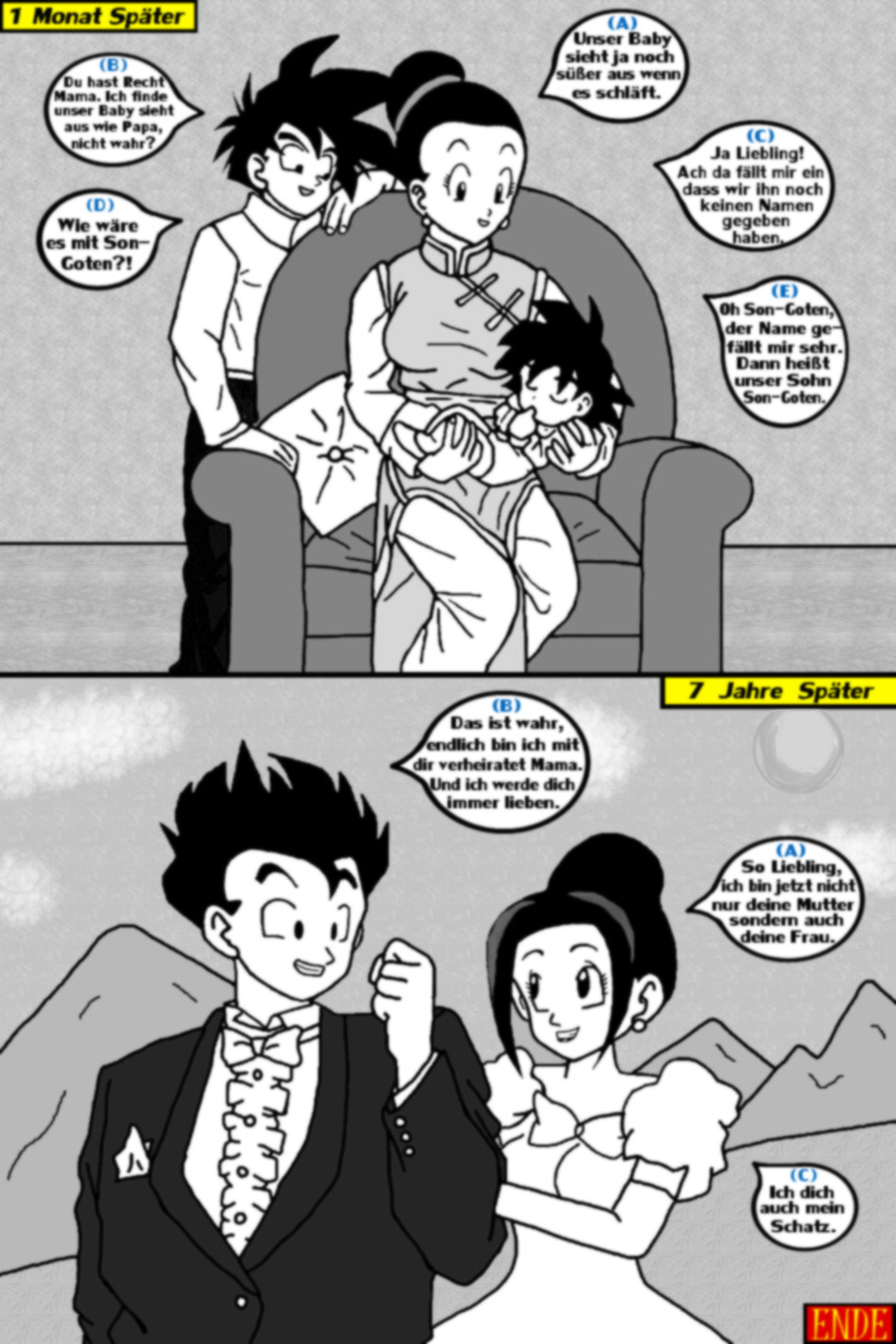 age_difference breast bride chichi comic das_mutters&ouml;hnchen dragon_ball_z husband incest incestus married monochrome mother_and_son son_gohan son_goten text wedding wife