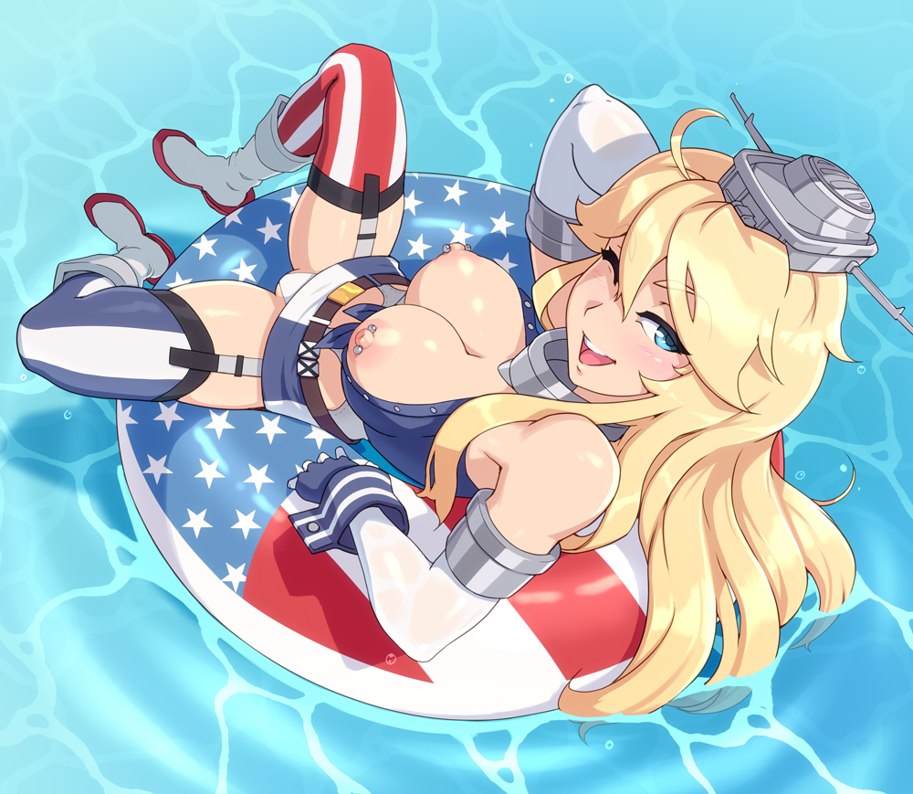 1girl american_flag american_flag_legwear blonde blue_eyes blush breasts breasts_out_of_clothes elbow_gloves front-tie_top garter_straps gloves headgear innertube iowa_(kantai_collection) kantai_collection lingerie long_hair looking_at_viewer mismatched_legwear nipple_bar nipple_piercing nipples one_eye_closed owler piercing smile stars_and_stripes stockings striped vertical_stripes water