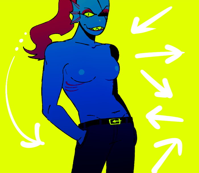 1girl 2010s 2016 2d 2d_(artwork) anthro areola areolae blue_body blue_skin breasts digital_media_(artwork) eye_patch eyepatch female female_anthro female_only fish fish_girl green_background hands_in_pockets long_hair looking_at_viewer marine monster monster_girl nipples non-mammal_breasts red_hair simple_background solo solo_anthro solo_female topless topless_anthro topless_female underkadi undertale undertale_(series) undyne video_games yellow_sclera