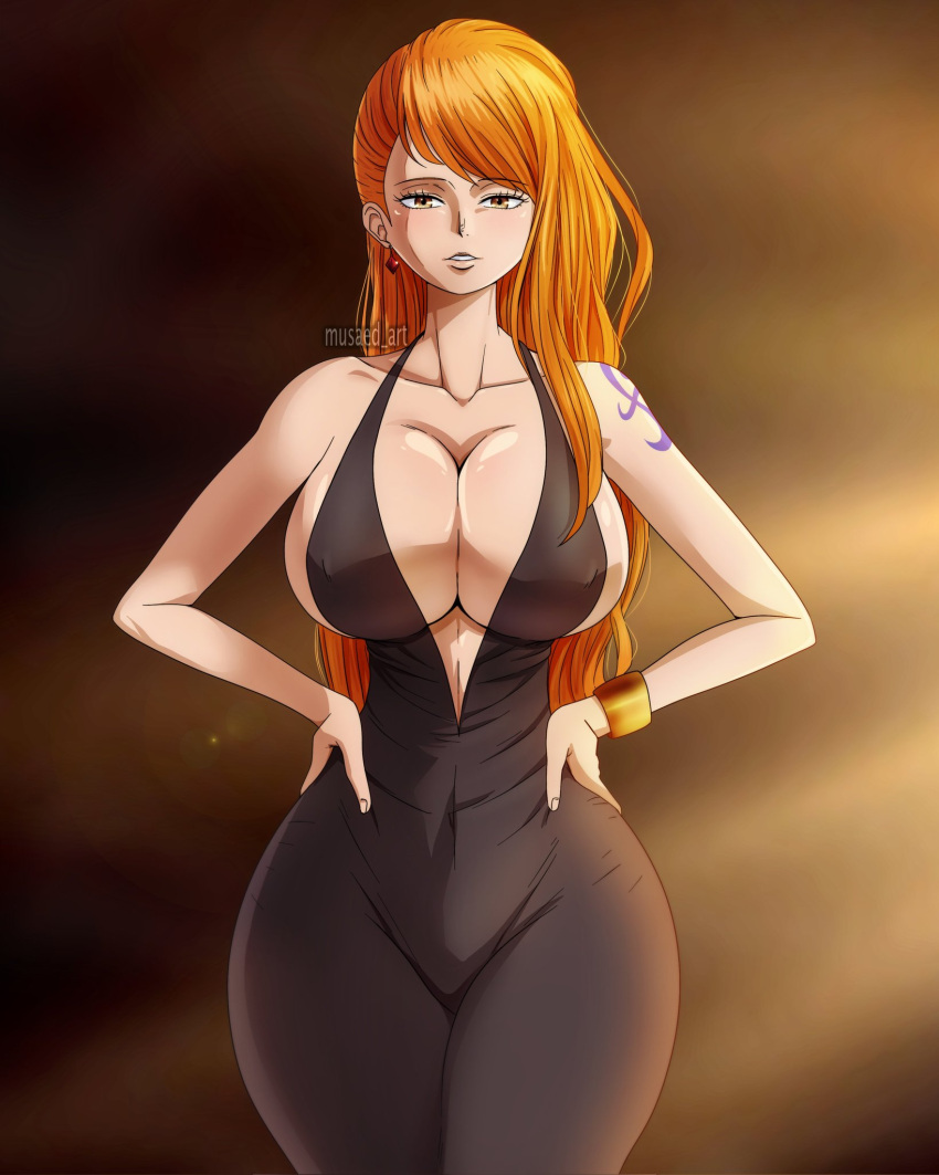 1girl big_breasts black_dress breasts brown_eyes cleavage curvy ear_piercing female_only hands_on_hips huge_breasts long_hair looking_at_viewer musaed_art nami narrow_waist one_piece orange_hair solo_female tagme tattoo twitter_username two-tone_background voluptuous wide_hips
