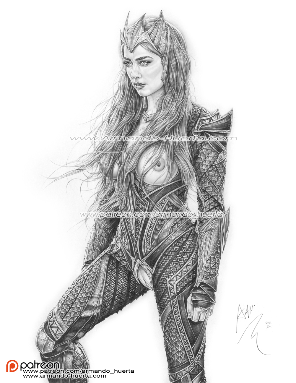 1girl actress amber_heard aquaman_(series) armando_huerta armor big_breasts breasts celeb cleavage covering covering_breasts crown dc_comics dceu eyelashes female_only formal hair_covering_breasts hair_ornament high_resolution hips justice_league long_hair mera mera_(dc) monochrome nipples patreon pussy suit watermark