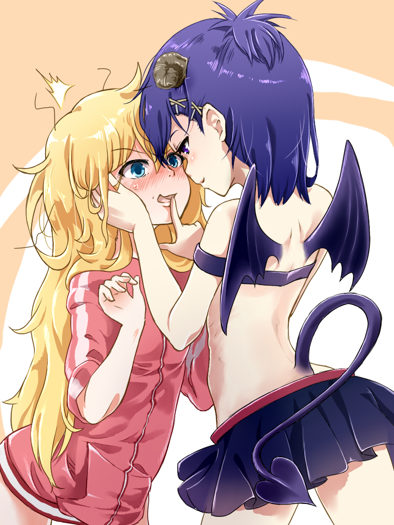 2_girls ^^^ ahoge aqua_eyes back bare_shoulders blonde_hair blue_eyes blue_hair blush demon_girl demon_horns demon_tail demon_wings female_only finger_to_another's_mouth forehead-to-forehead frown gabriel_dropout gabriel_tenma_white hair_ornament hallelujah_essaim hand_on_another's_face heads_together horns imminent_kiss jacket long_hair md5_mismatch messy_hair miniskirt multiple_girls open_mouth parted_lips profile sazanka short_hair skirt strapless tail track_jacket tube_top vignette_tsukinose_april wings x_hair_ornament you_gonna_get_raped yuri