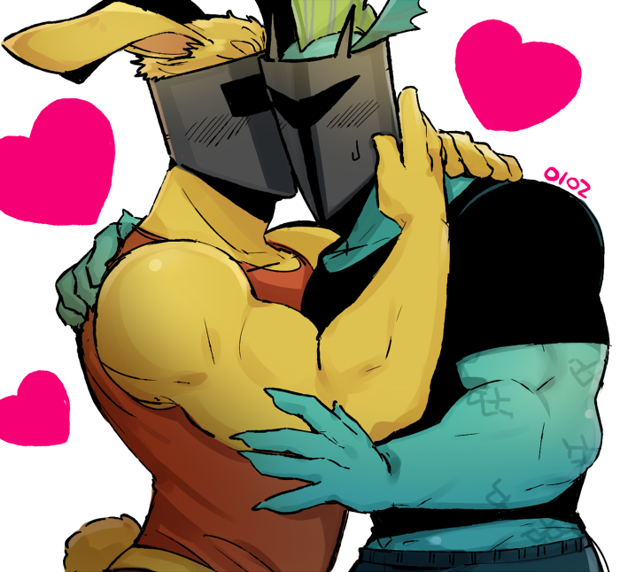 2010s 2017 2boys 2d 2d_(artwork) anthro anthro_only blush_lines clothed digital_media_(artwork) dragon duo furry green_body green_skin heart helmet male male/male male_anthro male_only muscular muscular_male rabbit rg01_(undertale) rg02_(undertale) scalie underkadi undertale undertale_(series) unseen_male_face video_game_character video_games white_background yaoi yellow_fur