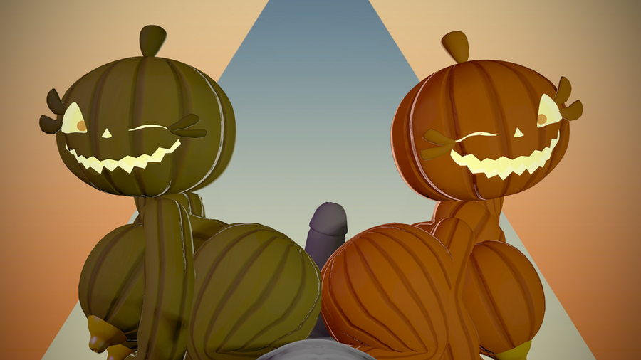 1boy 2_girls buttjob collaborative_sex double_buttjob five_nights_at_freddy's jack_o_pumpkin_(fnaf) looking_at_another male/female male_pov penis pov pumpkin pumpkin_girl pumpkin_head