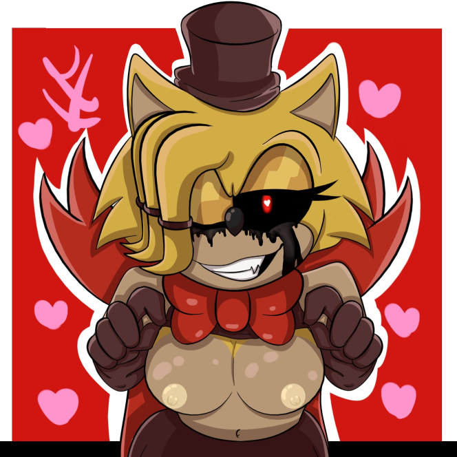 big_breasts black_eyes brown_gloves brown_hat brown_pants brown_skin dr.golden_(fnasmm) five_nights_at_sonic's_maniac_mania flushed hearts_around_body hearts_around_head hearts_in_background looking_at_viewer red_background red_bow red_cape red_pupils showing_breasts small_nipples smiling_at_viewer yellow_fur yellow_hair yellow_nipples