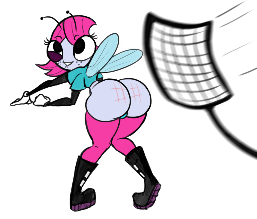 anthro ass boots bottomless bug disney fly flyswatter freckles insect insect_girl insect_wings maggie pink_hair red_ass short_hair spank spanking stockings the_buzz_on_maggie wide_hips wings