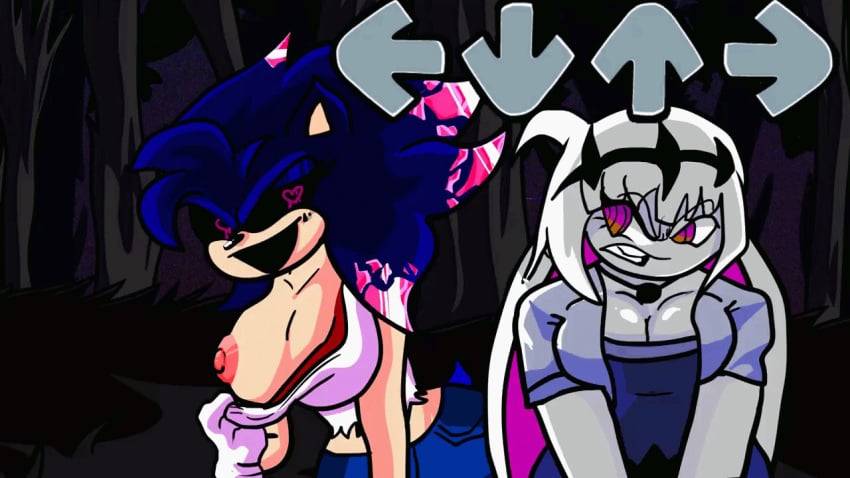 annoyed big_breasts blue_fur female_sonic female_sonic.exe fnf_background fnf_notes friday_night_funkin friday_night_funkin_mod grin heart-shaped_pupils nikusa_(sugarratio) pink_hair purple_eyes showing_the_ass small_nipples smiling_at_another sonic.exe white_hair white_shirt white_skin xenophanes_sonic