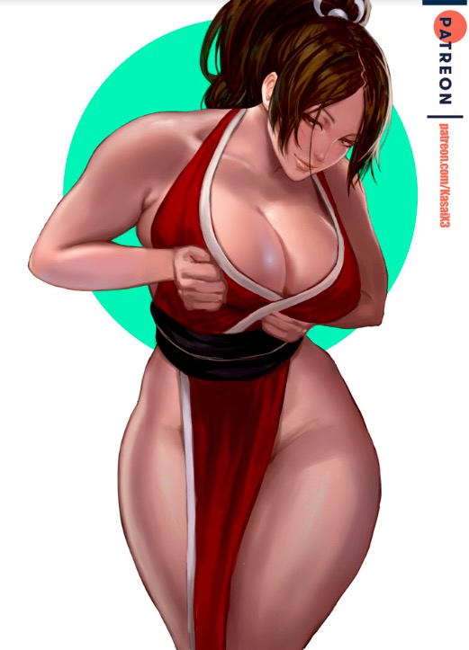 1girl 1girl alluring bare_shoulders bedroom_eyes big_breasts breasts brunette caucasian cleavage clothed fatal_fury green_eyes japanese_clothes king_of_fighters long_hair looking_at_viewer mai_shiranui non-nude posing revealing_clothes sexy slut standing thick_thighs thong_leotard tied_hair white_background wide_hips x3