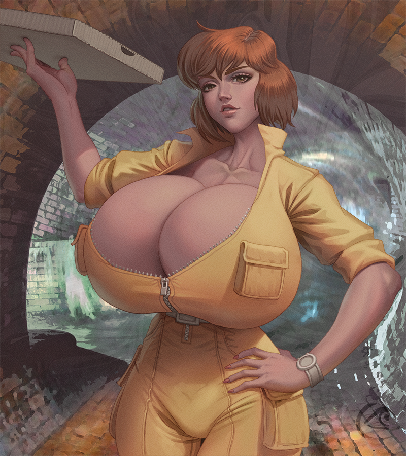 1girl alternate_breast_size april_o'neil april_o'neil_(tmnt_1987) bangs belt big_breasts breasts brown_eyes brown_hair cleavage clothed_female clothing collarbone eyelashes female_focus female_only grin half-closed_eyes hand_on_hip hips holding holding_object huge_breasts human jumpsuit lips looking_at_viewer makeup mangrowing mature mature_female nail_polish orange_nails parted_lips pinup pizza_box seductive sewer sexy sexy_breasts short_hair short_sleeves smile solo_female solo_focus tagme teenage_mutant_ninja_turtles teenage_mutant_ninja_turtles_(1987) teeth thigh_gap thighs tmnt_1987 watch watermark wristwatch zipper