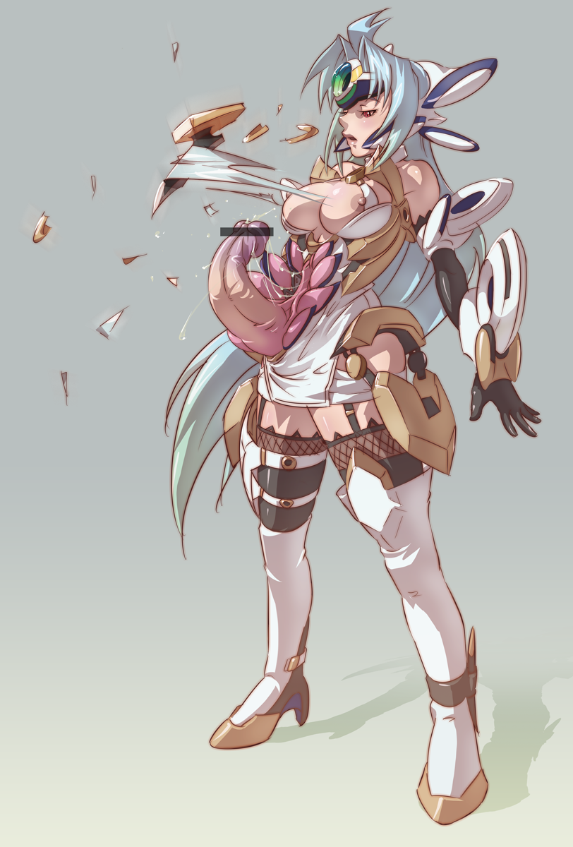 bare_shoulders blue_hair breasts censored cum curved_penis ejaculation elbow_gloves full_body futanari garters gloves gradient gradient_background headdress highres kos-mos long_hair mikoyan nipples penis pointless_censoring red_eyes solo thighhighs what xenosaga