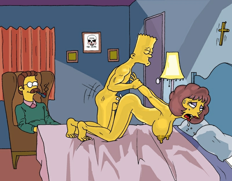 ahegao bart_simpson bed breasts cross cuckold doggy_position lamp maude_flanders ned_flanders nude smile the_fear the_simpsons voyeur yellow_skin