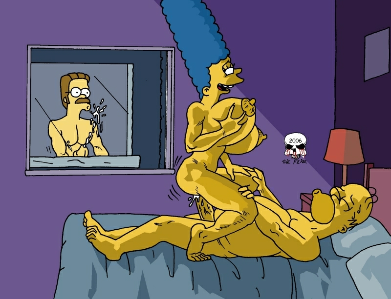 bed big_breasts breast_grab breasts cowgirl_position cum cumshot homer_simpson lamp marge_simpson masturbation ned_flanders smile the_fear the_simpsons voyeur window yellow_skin