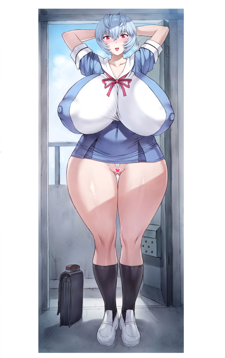 1girl big_breasts big_thighs black_socks breasts cameltoe censored clothed clothing day door erect_nipples female female_only frontal_wedgie gigantic_ass gigantic_breasts hands_behind_head heart hourglass_figure huge_breasts light_blue_hair looking_at_viewer luggage mogudan neon_genesis_evangelion nipples nipples_visible_through_clothing panties pussy red_eyes rei_ayanami shoes skirt smile socks solo thighs upskirt white_skin