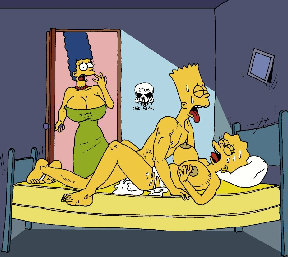 bart_simpson bed breasts cleavage cum cum_in_orifice incest lisa_simpson marge_simpson missionary nude surprised sweat the_fear the_simpsons tongue tongue_out watching yellow_skin