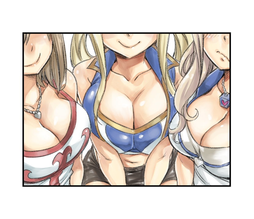 3_girls big_breasts blonde_hair breasts brown_hair clothed_female crossover eden's_zero elie fairy_tail female_focus female_only long_hair lucy_heartfilia mashima_hiro rave_master rebecca_bluegarden resha_valentine smile tagme teen wavy_hair