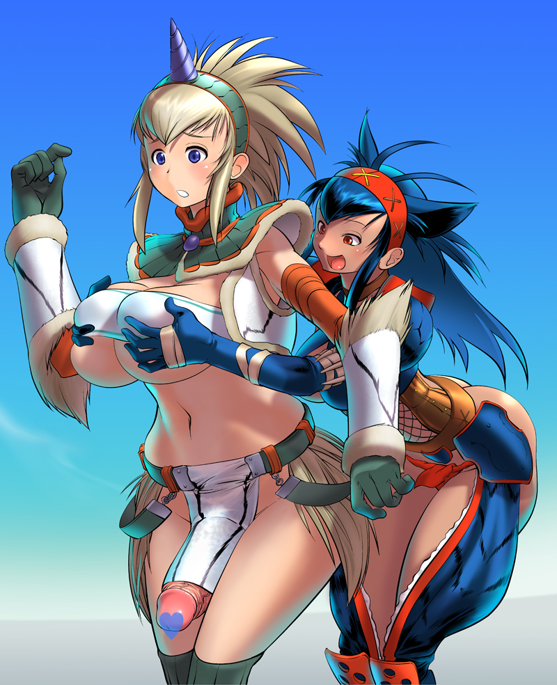 2girls :d :o animal_ears armband armor ass bandage bandeau bangs belt blonde_hair blue_eyes blue_hair blush breast_grab breasts butt_crack capcom censored choker cleavage cosine crop_top detached_sleeves elbow_gloves embarrassed fangs fishnets fundoshi fur_trim futanari gem gloves grabbing groping hairband heart heart_censor horn horns huge_breasts huge_penis kirin_(armor) large_breasts leaning_forward loincloth long_hair midriff monster_hunter multiple_girls nargacuga_(armor) naughty_face navel no_panties novelty_censor open_clothes open_mouth open_shirt outdoors penis pointless_censoring public_nudity red_eyes shirt short_hair skirt sky smile spiked_hair standing surprised thighhighs thighs turtleneck underboob veins veiny_penis white_hair wide_hips