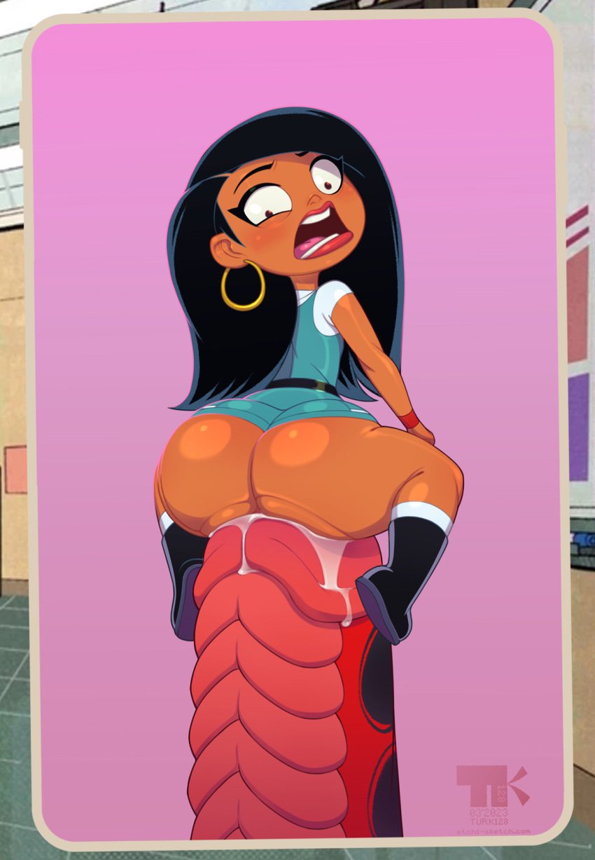 1girl big_ass blush bottomless bottomless_female casey_calderon dark-skinned_female dark_skin devil_dinosaur dinosaur disney disney_channel enormous_penis fat_ass female_focus gigantic_penis hoop_earrings hyper_penis impossible_fit it'll_never_fit large_ass long_hair marvel moon_girl_and_devil_dinosaur precum precum_drip precum_on_penis shocked sitting_on_penis size_difference solo_focus thick_thighs turk128 zoophilia