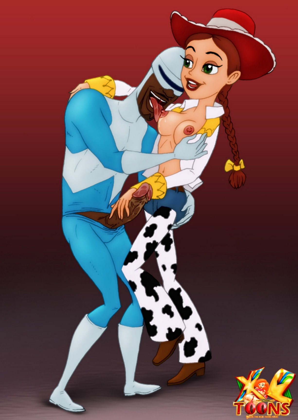1boy 1girl cowgirl crossover dark-skinned_male dark_skin disney frozone green_eyes human jessie_(toy_story) licking_breast light-skinned_female light_skin lipstick male male/female navel nipples penis red_background red_hair the_incredibles toy_story toy_story_2 xl-toons.com