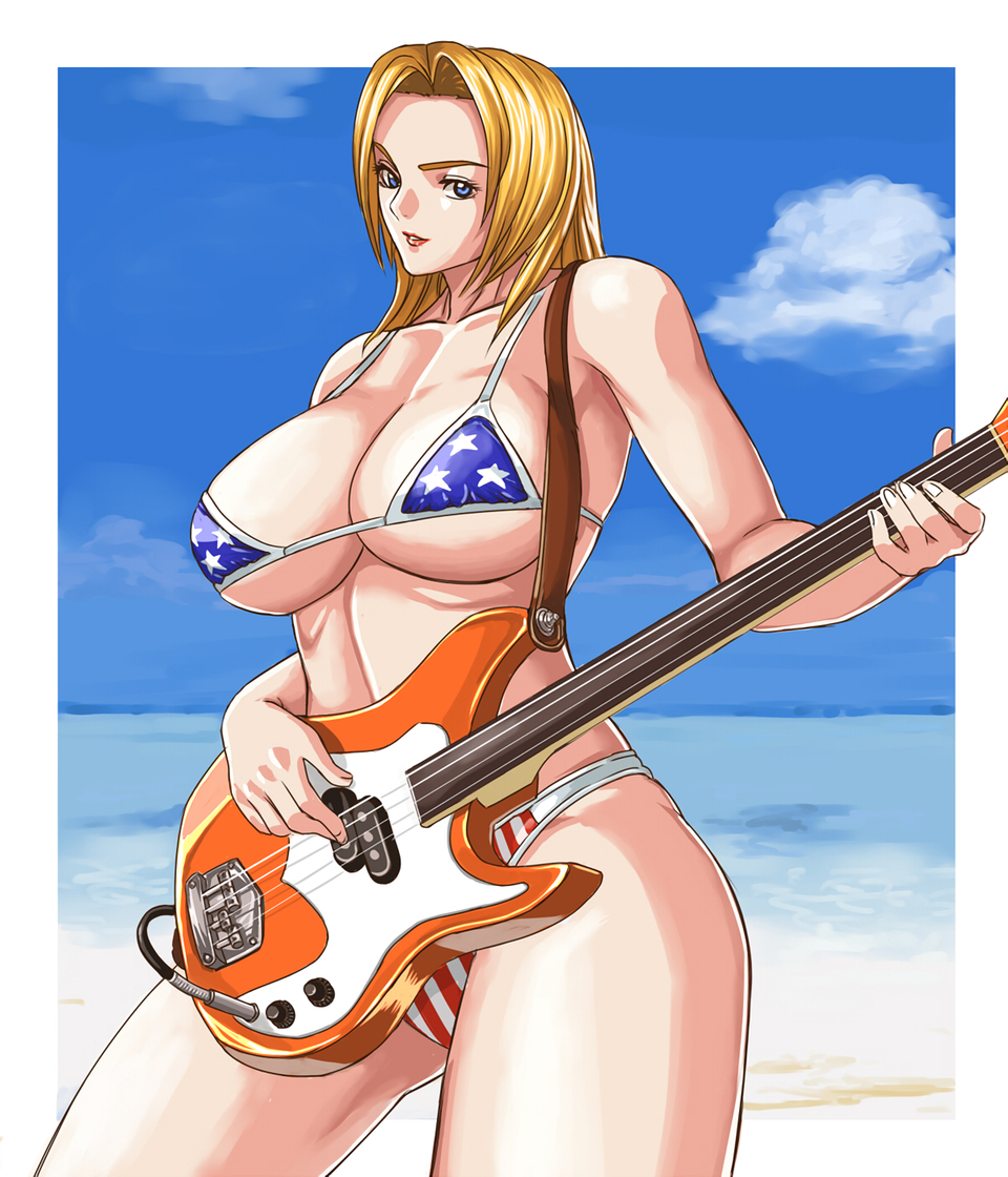1girl alluring american_flag_bikini bass_guitar beach big_breasts bikini black_eyes blonde_hair blue_eyes blush braid breasts brown_eyes butt_crack cleavage day dead_or_alive dead_or_alive_2 dead_or_alive_3 dead_or_alive_4 dead_or_alive_5 dead_or_alive_6 dead_or_alive_xtreme dead_or_alive_xtreme_2 dead_or_alive_xtreme_3 dead_or_alive_xtreme_3_fortune dead_or_alive_xtreme_beach_volleyball dead_or_alive_xtreme_venus_vacation female_focus flag_print guitar holding holding_instrument ibanen instrument long_hair micro_bikini ocean outside sky swimsuit tecmo tina_armstrong under_boob united_states