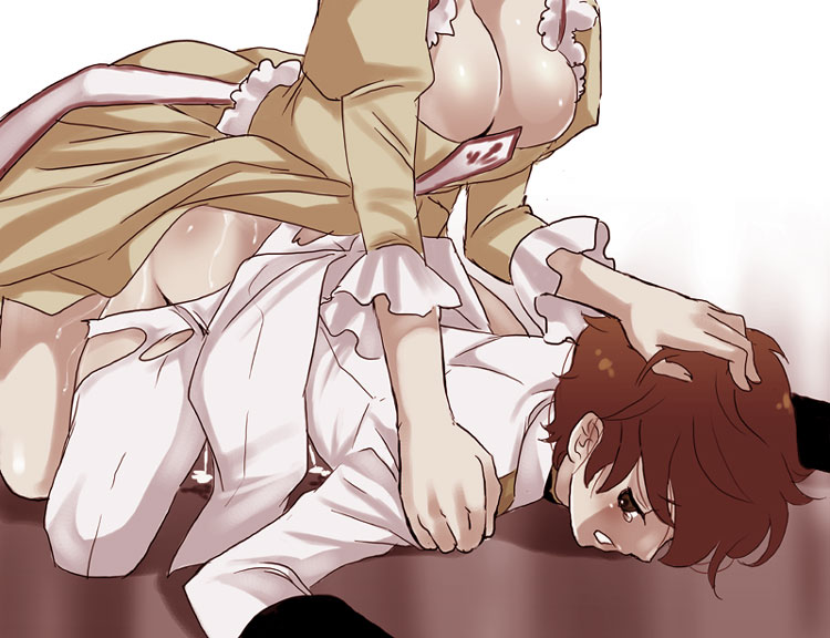 1boy 1girl anal breasts brown_eyes brown_hair cleavage clothed_sex code_geass color cum cum_in_ass cum_in_pussy cum_inside doggystyle drawing dress femdom futa_on_male futa_with_male futanari hand_on_another's_head hand_on_head hetero kallen_stadtfeld kururugi_suzaku large_breasts male no_testicles on_floor pegging sex shiraishi_asuka tears torn_clothes