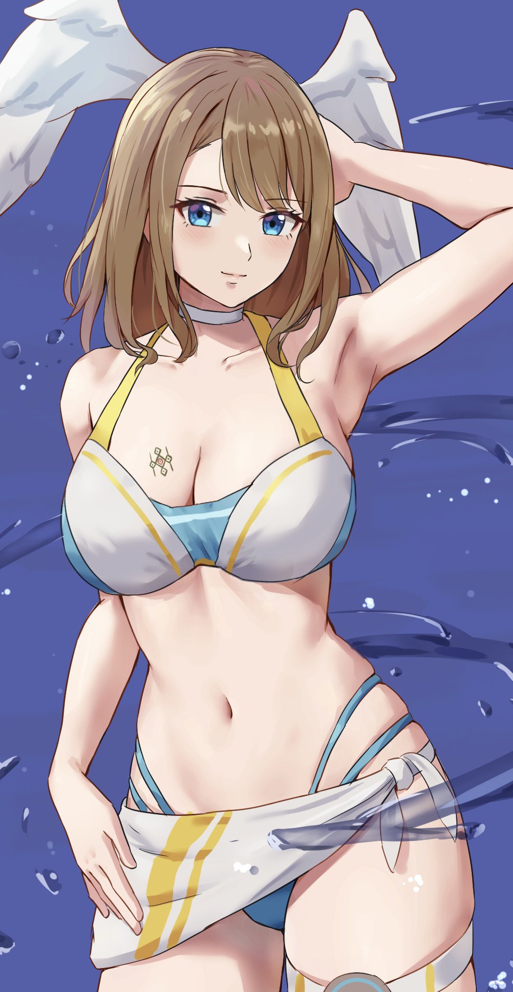 1girl abdomen alluring amayo_thranana arm_up asymmetrical_bangs bangs bare_arms bare_legs bare_shoulders big_breasts bikini blue_bikini blue_eyes blue_swimsuit blush breast_tattoo breasts brown_hair choker cleavage eunie_(xenoblade) hand_on_head high_res hourglass_figure long_hair midriff navel nintendo smile swimsuit thick_thighs thigh_strap thighs towel towel_around_waist voluptuous water white_bikini white_choker white_swimsuit wide_hips wings xenoblade_(series) xenoblade_chronicles_3