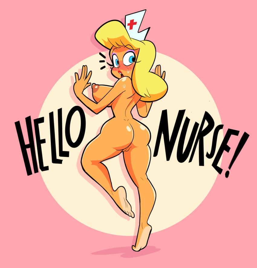 1girl animaniacs areola ass barefoot blonde_hair blue_eyes blush breasts curvy embarrassed embarrassed_nude_female enf erect_nipples exposed exposed_ass exposed_nipples exposed_pussy feet female_only hairless_pussy hello_nurse heloise_nerz herny huge_breasts human large_ass lipstick looking_back lost_clothes nipples nude nude_female nurse open_mouth pussy red_background simple_background soles solo_female sweatdrop text toes