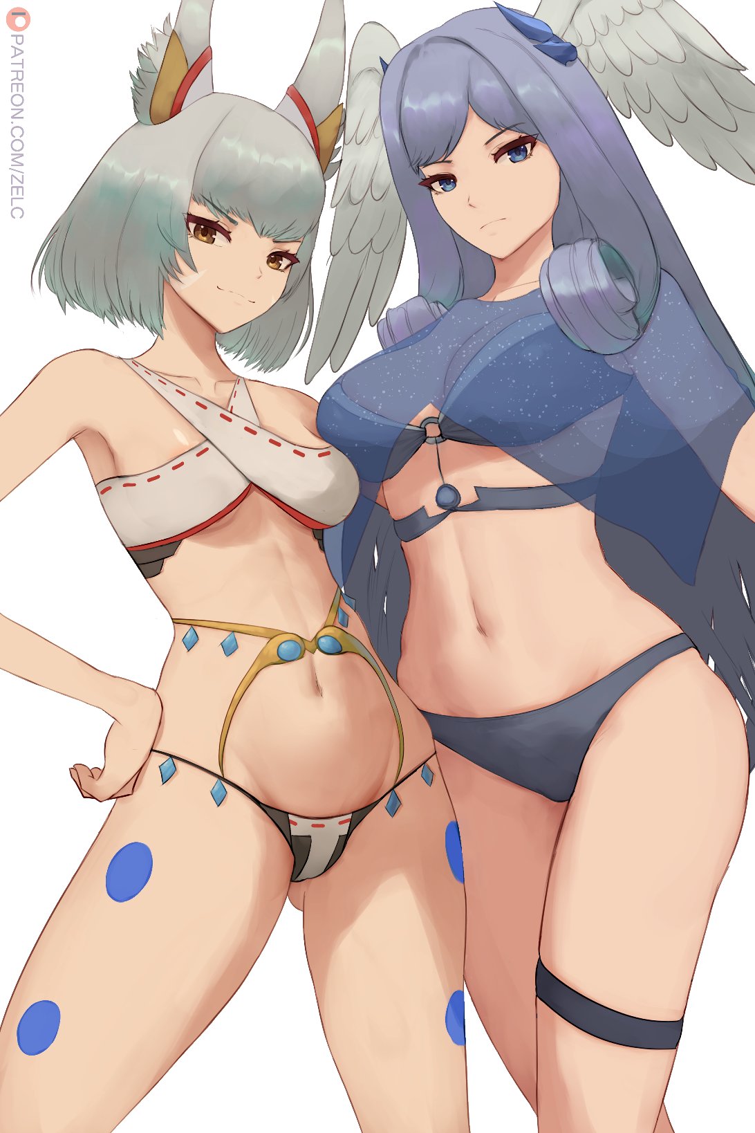 1girl 2_girls :3 alluring alternate_costume asymmetrical_docking bare_shoulders big_breasts bikini blue_bikini blue_eyes blue_swimsuit bob_cut body_markings breasts cat_ears cat_girl cleavage confident curvy female_only hand_on_hip head_wings high_res hips hourglass_figure kitsunemimi long_hair looking_at_viewer melia_antiqua midriff milf monolith_soft navel nia nia_(xenoblade) nintendo queen royalty short_hair silver_hair slim_waist small_breasts smug standing swimsuit thick_thighs thigh_strap thighs very_long_hair voluptuous white_bikini wide_hips wings xenoblade_(series) xenoblade_chronicles_3 yellow_eyes zel_kinne