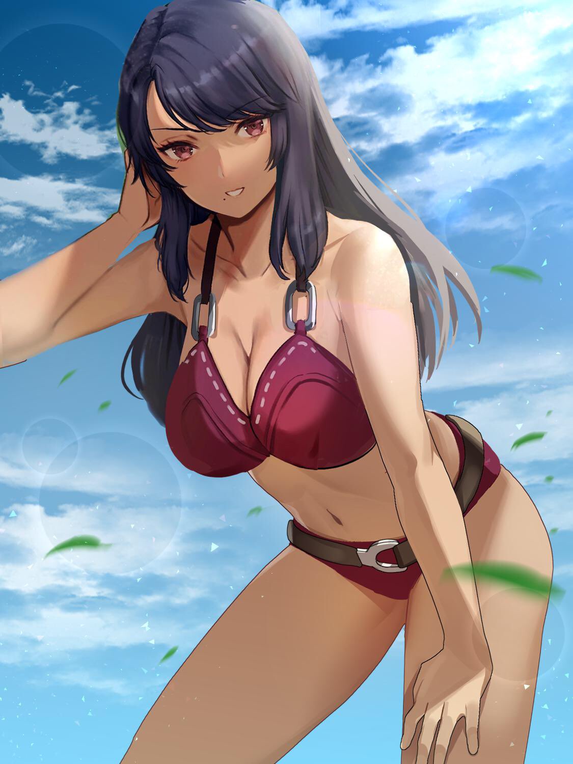 1girl 1girl alluring alternate_costume arm_up asymmetrical_bangs bangs bare_shoulders big_breasts big_breasts bikini black_hair breasts cleavage curvy dark-skinned_female female_only grin hand_in_hair hand_on_leg hand_on_thigh high_res hourglass_figure long_hair looking_at_viewer midriff monolith_soft navel nintendo official_alternate_costume open_mouth oyasu_(kinakoyamamori) pink_bikini pink_swimsuit red_eyes sharla_(xenoblade) smile swimsuit thick_thighs thighs very_long_hair voluptuous wide_hips xenoblade_(series) xenoblade_chronicles