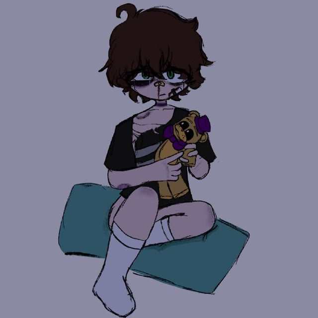 artist_request bags_under_eyes bandage_on_face bite_mark blood brown_hair bruises chris_afton crying crying_child crying_with_eyes_open evan_afton five_nights_at_freddy's fredbear_(fnaf) fredbear_plush full_body green_eyes holding_plushie long_socks no_pants nosebleed partially_nude ripped_shirt shirt sitting sitting_on_pillow source_request striped_shirt tagme tears