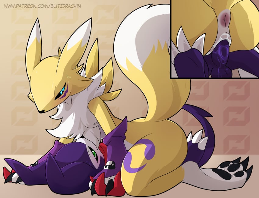 1boy 1girl 2d anthro anthro_on_anthro anthro_penetrated anthro_penetrating anus ass balls bandai_namco bedroom_eyes big_ass big_balls big_penis blitzdrachin blush claws clothing color cowgirl_position cutaway digimon digimon_tamers duo erection eye_contact fluffy_tail fox fur gloves hand_holding high_res holding_hands imp impmon interspecies larger_female looking_pleasured lying male male/female mostly_nude narrowed_eyes on_back on_model on_top patreon paws penetration penis plump_labia pussy pussy_grip pussy_juice renamon sex size_difference skinny smaller_male straight sweat thick_thighs tight_fit tiny_waist vaginal vaginal_penetration vixen wide_hips yellow_fur