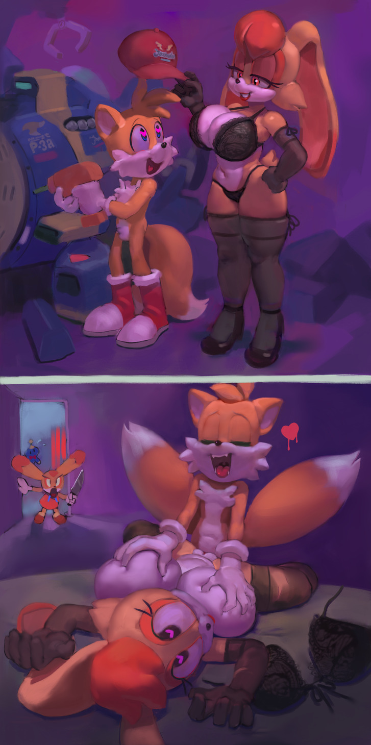 &lt;3 &lt;3_eyes 1girl 2020 2_tails age_difference ambiguous_penetration angry anthro anthro_on_anthro anthro_penetrated anthro_penetrating anthro_penetrating_anthro armwear bed being_watched big_breasts boots bra breast_grab breasts canid canine chao_(sonic) cheese_the_chao clothed clothing cream_the_rabbit dipstick_ears dipstick_tail duo_focus eye_contact female_penetrated footwear fox fur furniture furry genitals gloves group hand_on_breast handwear hat headgear headwear high_res inside knife lagomorph larger_female legwear leporid lingerie long_ears looking_at_another looking_pleasured male male/female male_penetrating male_penetrating_female mammal mature_female miles_"tails"_prower multi_tail multicolored_ears multicolored_tail older_female open_mouth open_smile panties penetration power_tool pussy rabbit sex size_difference smile sonic_the_hedgehog_(series) tongue tools underwear vanilla_the_rabbit walk-in younger_male