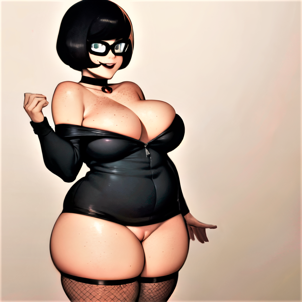ai_generated big_breasts bodysuit fishnets glasses no_panties scooby-doo shaved_pussy stockings thighs velma_dinkley