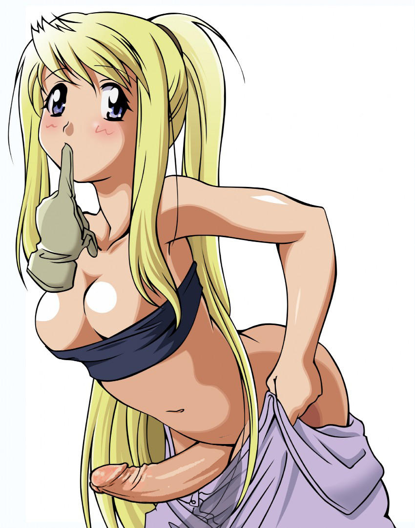 1girl bandeau blonde_hair blue_eyes blush bra breasts cleavage clothing d-ten erection female fullmetal_alchemist futanari glove gloves high_resolution large_breasts long_hair medium_breasts mouth_hold nopan penis photoshop photoshop_(medium) ponytail simple_background solo strapless tied_hair tubetop undressing vector_trace very_high_resolution very_long_hair white_background winry_rockbell