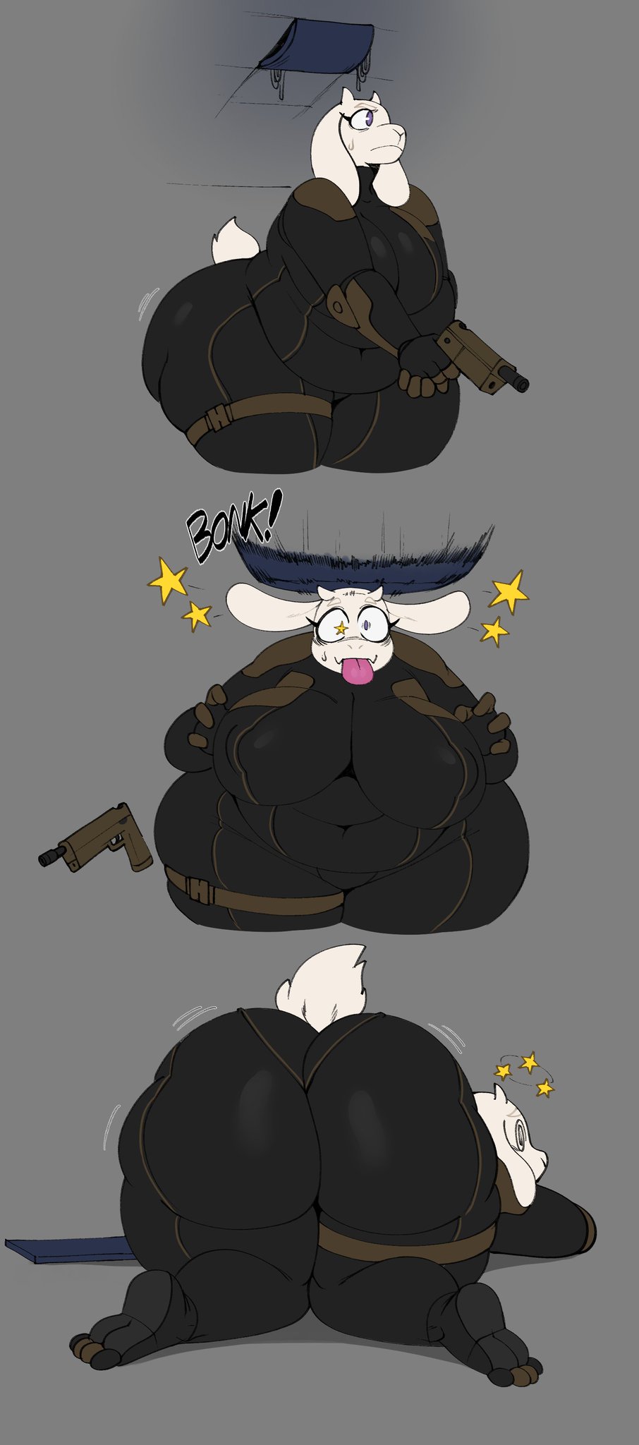 1girl alternate_costume ass big_ass big_breasts bodysuit breasts chubby cosplay furry gun huge_ass huge_breasts impossible_clothes jill_valentine milf resident_evil sssonic2 tail toriel undertale weapon