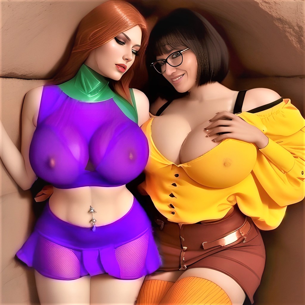 ai_generated daphne_blake erect_nipples_under_clothes glasses huge_breasts miniskirt scooby-doo stockings thighs velma_dinkley