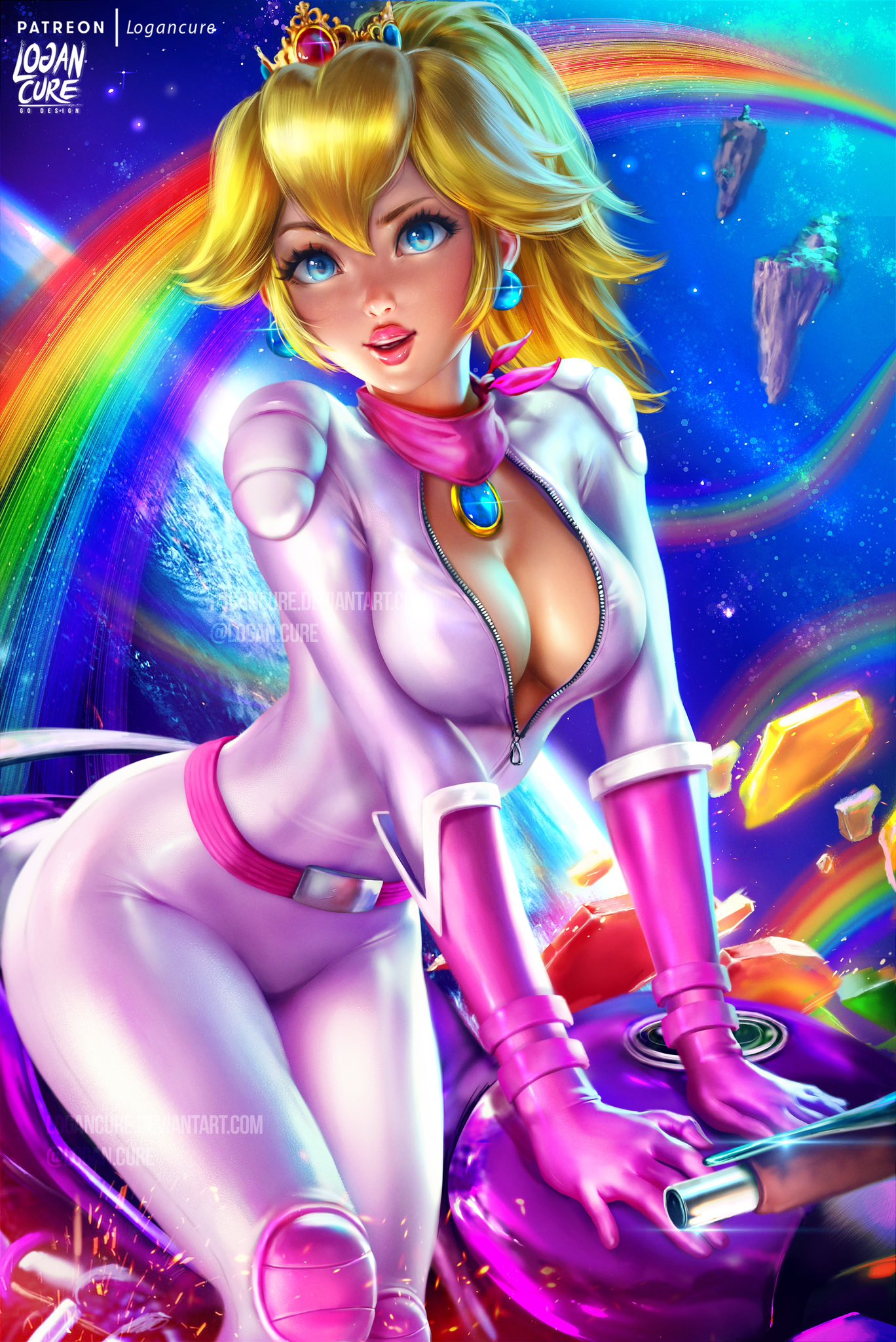 1girl 1girl 1girl alluring belt biker_clothes bikesuit blonde_hair blue_eyes bodysuit breasts cleavage crown earrings female_only gloves high_res jewelry logan_cure looking_at_viewer mario_(series) motorcycle nintendo outside ponytail princess_peach rainbow rainbow_road scarf skin_tight super_mario_bros. super_mario_bros._(2023_film) the_super_mario_bros._movie the_super_mario_bros_movie tight_clothing unzipped unzipped_bodysuit