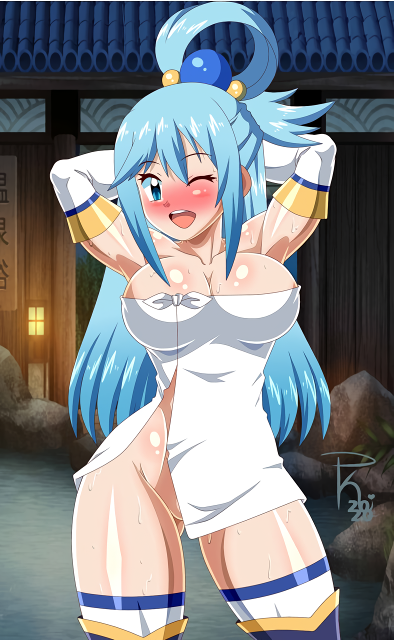 1girl 1girl 1girl 2020 alluring aqua_(konosuba) arms_up bathhouse big_breasts big_breasts blue_eyes blue_hair blush blush boots breasts cleavage covered_breasts covered_nipples covered_pussy curvy dated detached_sleeves eyebrows_visible_through_hair eyelashes female_only grin hair_ornament hands_behind_head kono_subarashii_sekai_ni_shukufuku_wo! long_hair long_sleeves looking_at_viewer one_eye_closed onsen open_mouth outside pk-studios public sexually_suggestive shiny_hair shiny_skin signature smile standing teeth thick_thighs thigh_high_boots tied_hair tongue towel towel_only voluptuous wet wide_hips wink winking winking_at_viewer
