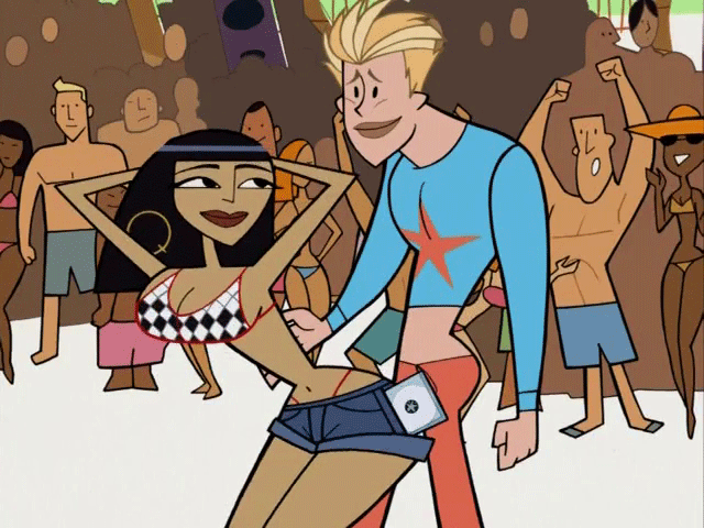 ashley_parker_angel ass_bounce beach bouncing_breasts breasts buttjob buttjob_over_clothes cleavage cleopatra cleopatra_smith clone_high crowd dancing gif grinding jean_shorts o-town smile twerking