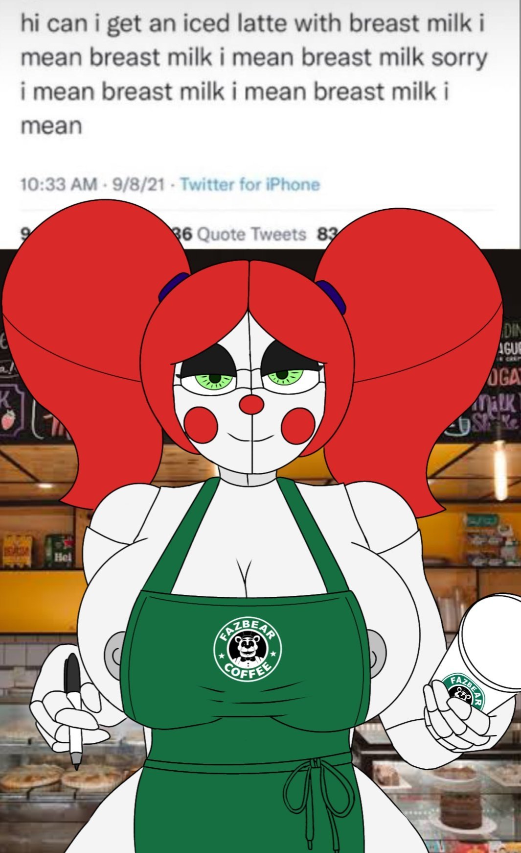 1girl apron apron_only big_breasts circus_baby coffee five_nights_at_freddy's looking_at_viewer meme naked_apron summer_of_87_baby